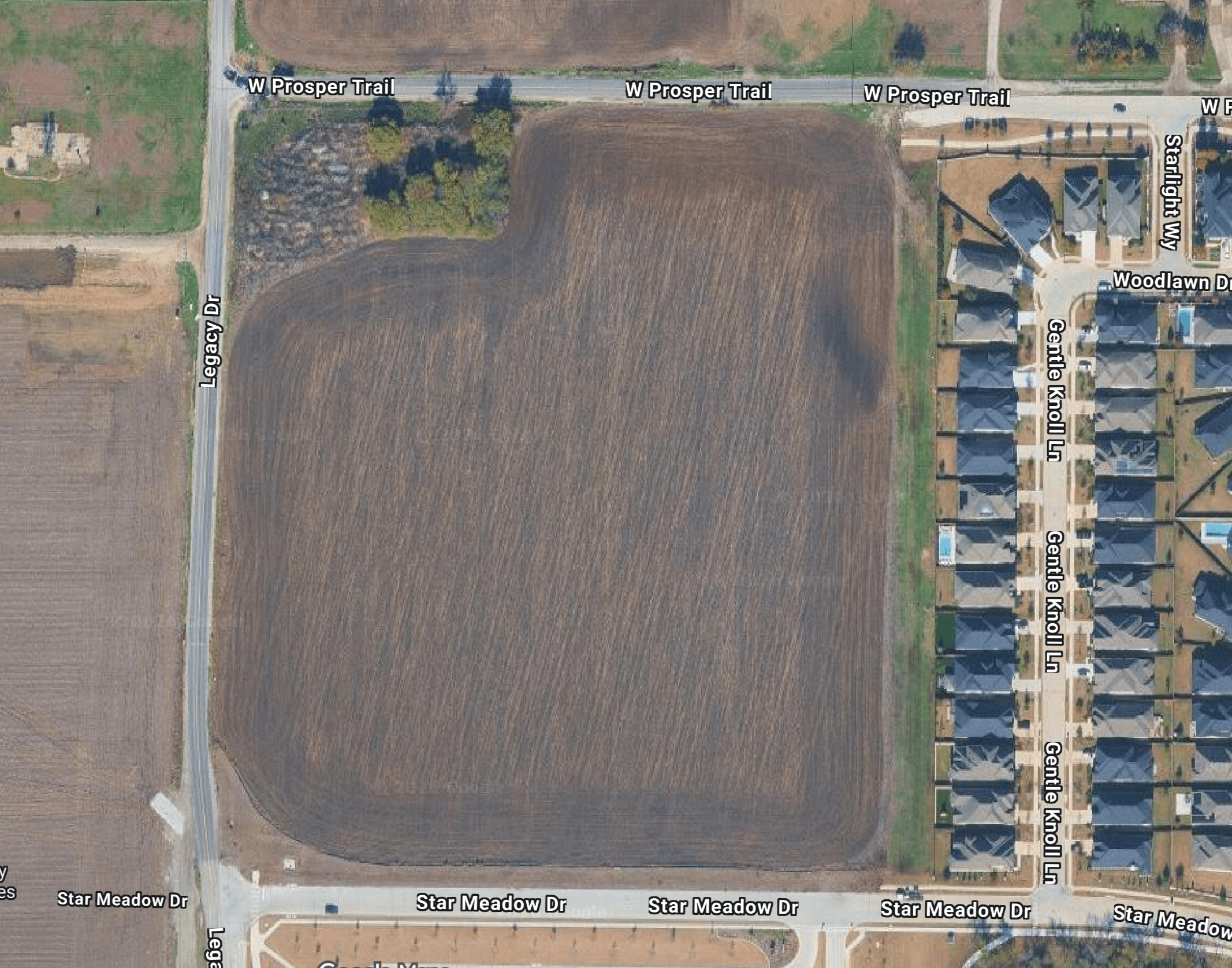 Overhead aerial view of the 20-acre Prosper site at Prosper Trail and Legacy Drive