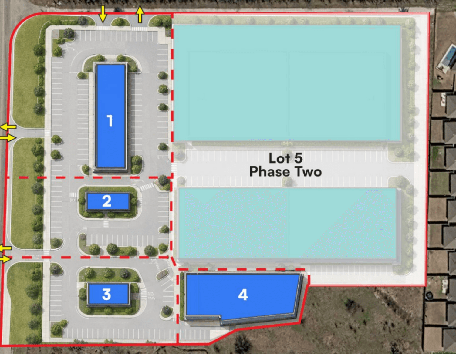 Celina retail development site plan showing retail space, pad sites, parking, circulation, and a future second phase